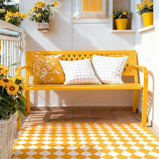 Yellow Garden Bench 47 inch Iron PVC, Outdoor Patio Bench, All-Weather Black Bench for Porch, Lawn, Backyard (Yellow) Patio Park Outside Benches for Front Porch, Patio Seating Benchs