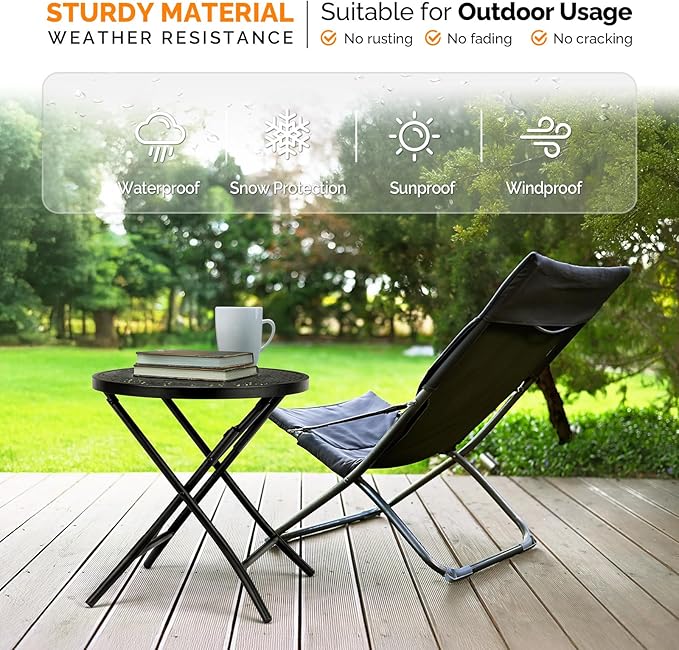 Patio Folding Side Table, Round Outdoor End Table,18 inch Folding Patio Side Table, Metal Steel Outdoor Round Coffee Table with Flower Cutouts for Patio Yard Balcony Garden, Black