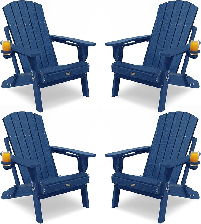 Adirondack Chair with Cup Holder: Adirondack Chairs Set of 4 Plastic HDPE Material Furniture - Composite Fire Pit Chairs Foldable for Outdoor/Backyard/Garden/Lawn/Deck/Porch/Patio