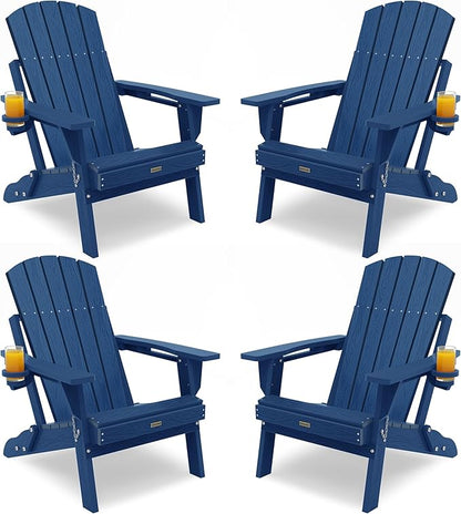 Adirondack Chair with Cup Holder: Adirondack Chairs Set of 4 Plastic HDPE Material Furniture - Composite Fire Pit Chairs Foldable for Outdoor/Backyard/Garden/Lawn/Deck/Porch/Patio