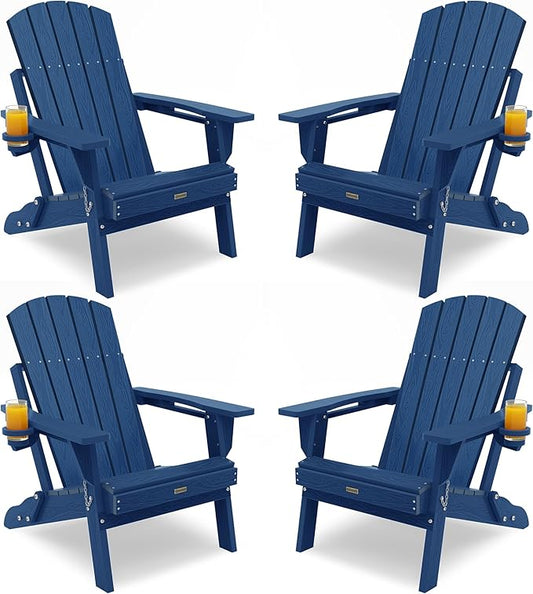 Adirondack Chair with Cup Holder: Adirondack Chairs Set of 4 Plastic HDPE Material Furniture - Composite Fire Pit Chairs Foldable for Outdoor/Backyard/Garden/Lawn/Deck/Porch/Patio