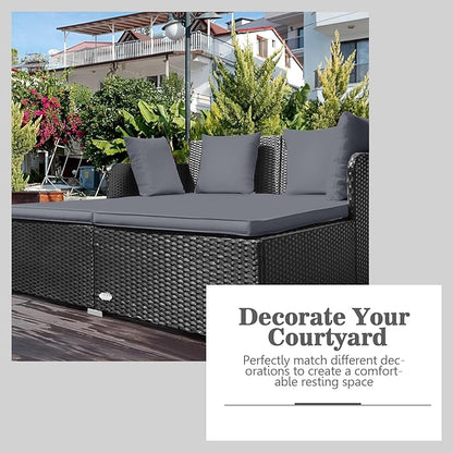 Tangkula Outdoor Rattan Daybed, Wicker Furniture with Spacious Seat, Upholstered Cushion & High-Resilience Sponge, Patio Sofa Set with 4 Pillows, 2-Person Sunbed for Poolside Backyard Garden & Balcony