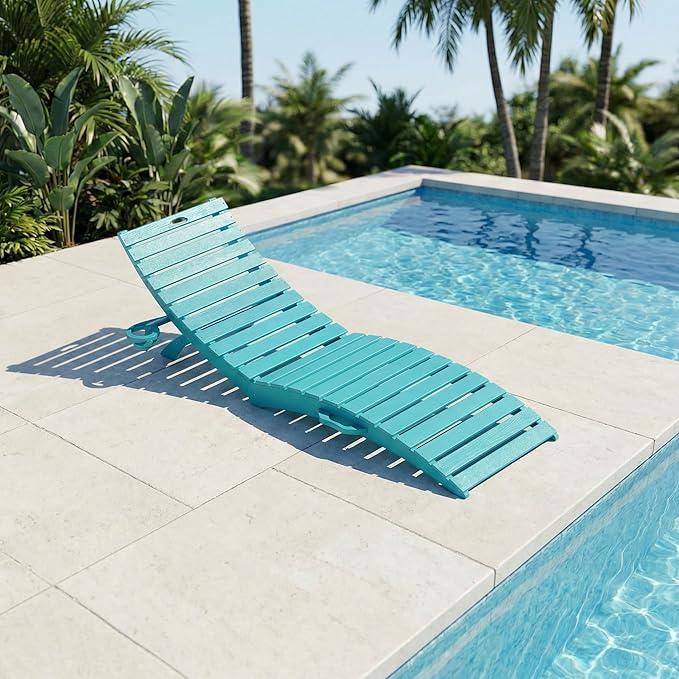 in-Pool Lounge Chairs Set of 2, Folding HDPE Pool Chairs Anti-Floating No Sandbags with Cup Holder & Handles, Outdoor Chaise Lounge for Poolside, Patio & Sun Deck(Aruba Blue)