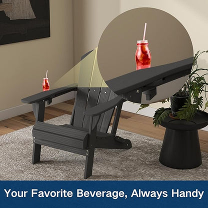 Foldable Adirondack Chair with Cup Holder-Heavy Duty Recycled HDPE Outdoor Patio Furniture, Weather Resistant Deck Lawn Fire Pit Chair (Black, 1 Chair)