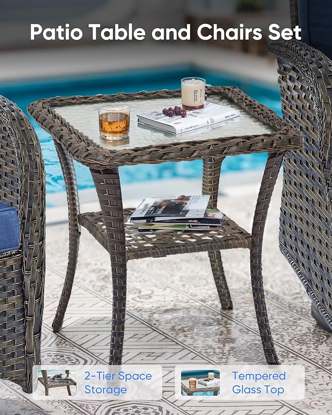 Outdoor Rocking Chairs Set of 2-Patio Table and Chairs Set Outdoor Conversation Furniture Sets for Deck Porch Garden Balcony Poolside-Brown/Blue