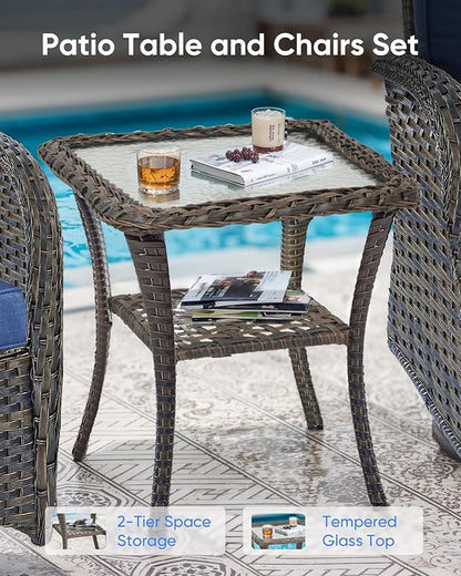 Outdoor Rocking Chairs Set of 2-Patio Table and Chairs Set Outdoor Conversation Furniture Sets for Deck Porch Garden Balcony Poolside-Brown/Blue