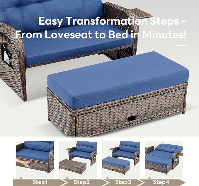Belord Patio Furniture Set - 6-Piece Wicker Loveseat Outdoor Daybed Furniture Set with Recliner Lounge Chairs Set of 2 - Photo 5
