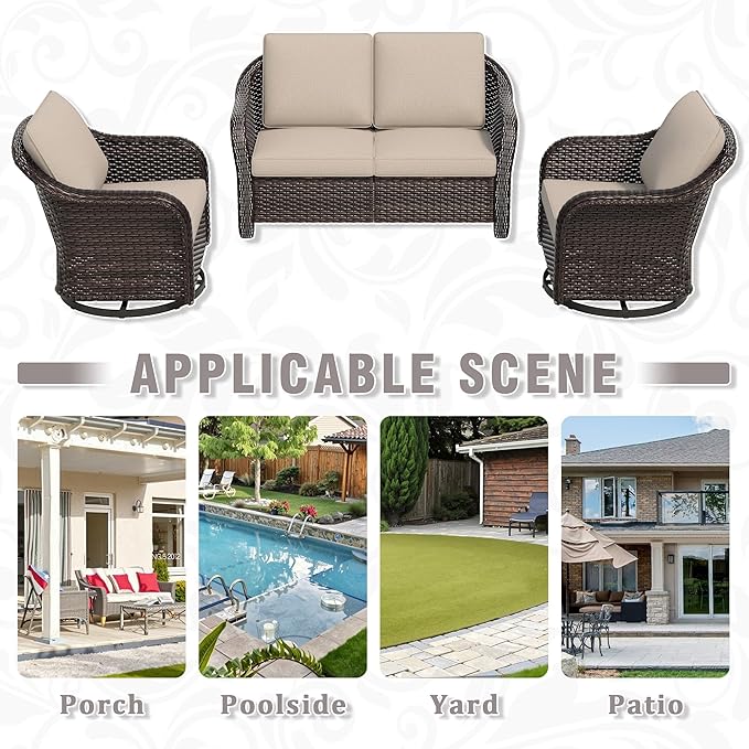 3 Piece Patio Wicker Conversation Set, All-Weather Use Outdoor Wicker Loveseat with 2 PE Rattan 360 Swivel Chair - Photo 9