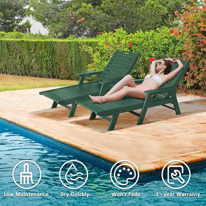 nalone Chaise Lounge Outdoor with 5-Position Adjustable Backrest, HDPE Lounge Chair for Outside Supports Up to 400 LBS, Pool Lounge Chairs for Patio Poolside Deck Beach Backyard (Green)