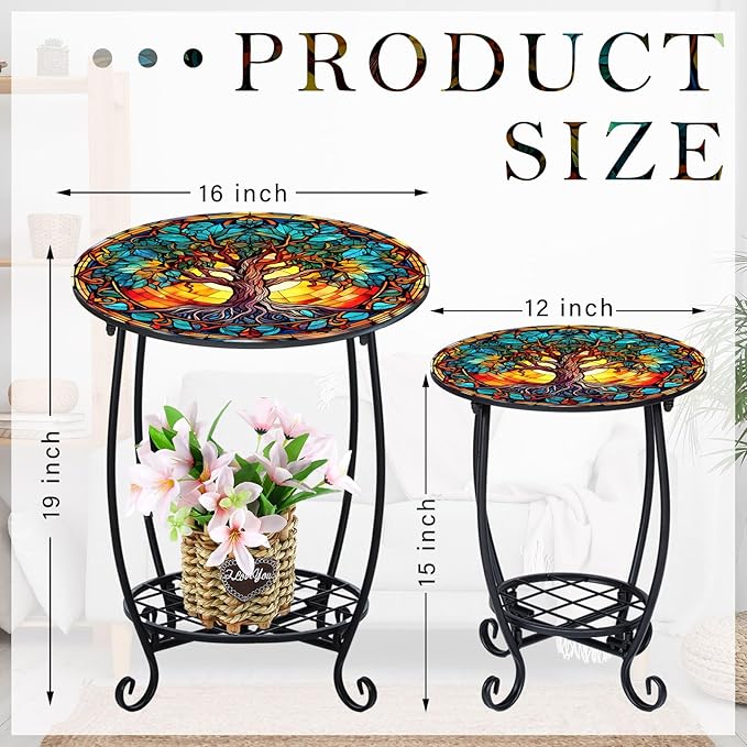 2 Pcs Outdoor Side Table Small Patio Round Mosaic Accent End Table Indoor Plant Metal Coffee Tea Tables for Patio Yard Porch Garden Living Room(12" and 16",Tree of Life)
