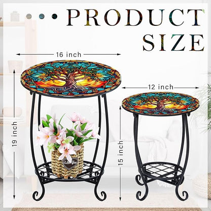2 Pcs Outdoor Side Table Small Patio Round Mosaic Accent End Table Indoor Plant Metal Coffee Tea Tables for Patio Yard Porch Garden Living Room(12" and 16",Tree of Life)