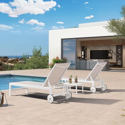 PURPLE LEAF Outdoor Chaise Lounge Chairs Set of 2 White Aluminum Lounge Chair Five-Position Adjustable Chaise with Wheels and Table for Pool Deck Patio, Linen
