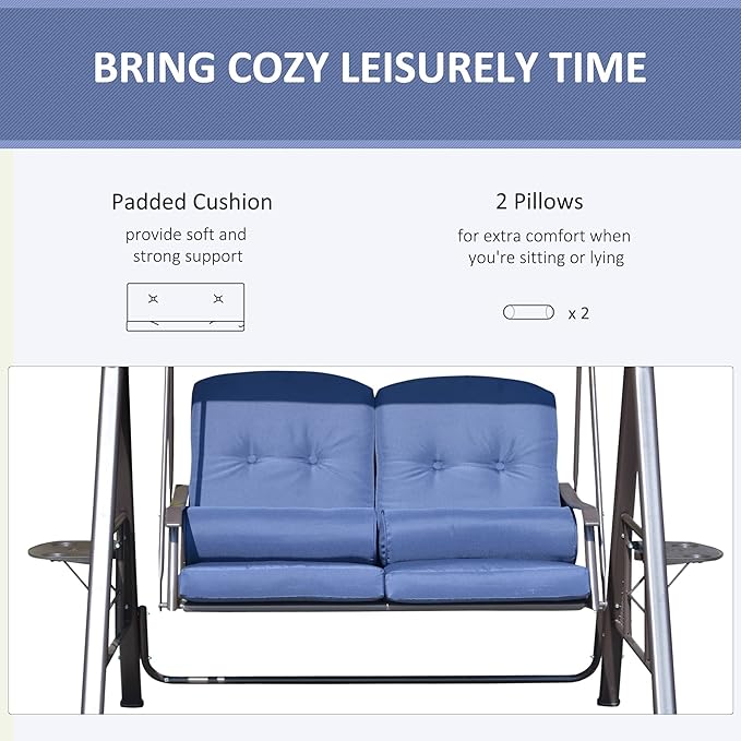 Outsunny 2-Person Patio Swing Bench with Adjustable Shade Canopy, Soft Cushions, Throw Pillows and Tray, Dark Blue