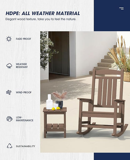 KINGYES HDPE Outdoor Rocking Chair Set of 2, Widened Seat Patio Rocking Chair, Oversized All Weather Patio Rocker, Brown