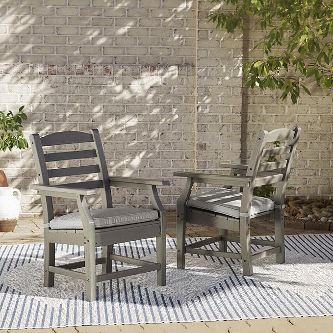Signature Design by Ashley Visola Outdoor HDPE Dining Chair Set of 2, Durable and Weather Resistant HDPE Material, All-Weather Nuvella Fabric Seat Cushion, Gray