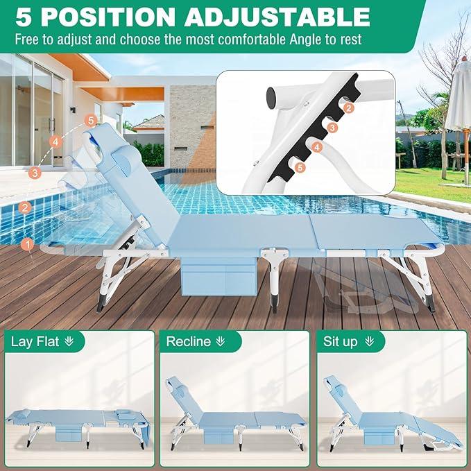 DoCred 3 in 1 Sun Tanning Chair Oversized with Face Arm Hole, Heavy Duty Folding Chaise Lounge Chairs - Photo 5