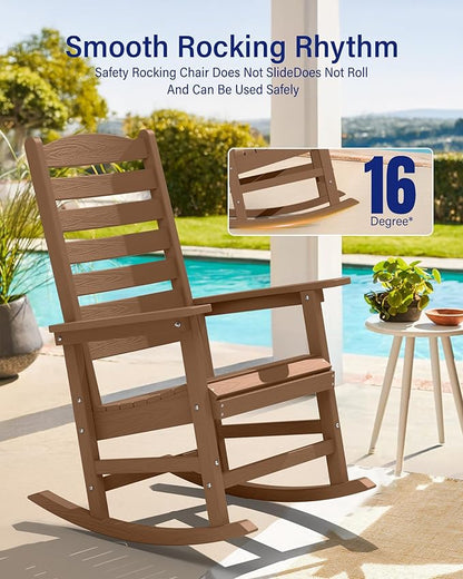 YEFU Outdoor Rocking Chair Set of 4,Poly Porch Rocker with Curved Backrest,All Weather Patio Rocking Chair,Like Real Wood,for Indoor,Lawn, Backyard,Garden,Heavy Duty,Weight Capacity 380lbs(Teak)