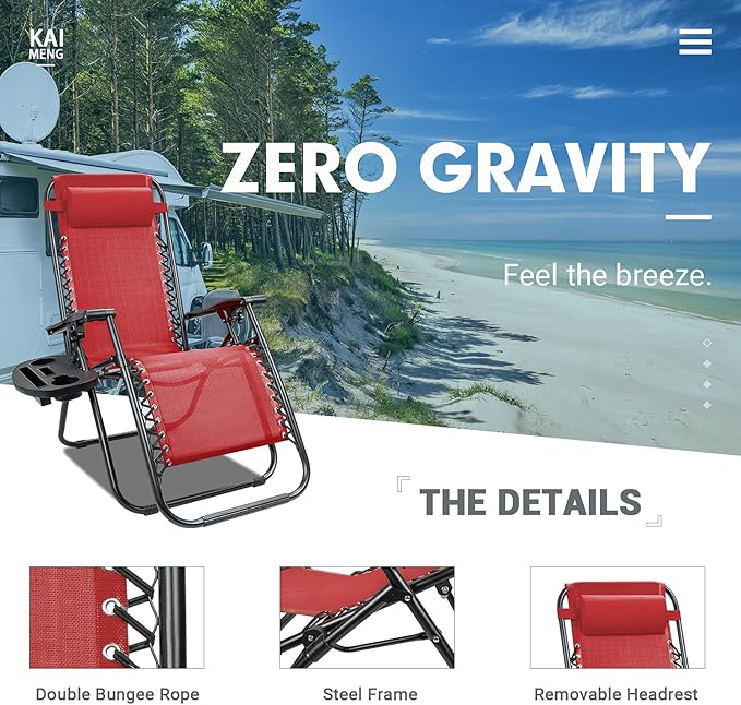 Kemon Zero Gravity Folding Lounge Outdoor Patio Adjustable Reclining Chair with Pillows and Cup Holders for Beach Set of 2, Red,KM-CRDVC