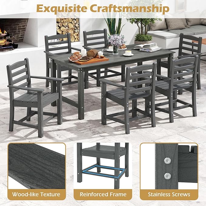 Tangkula Patio Dining Chairs Set of 4, HDPE All Weather Outdoor Chair w/Wide Armrests, Curved Seat, Wood Grain - Photo 8