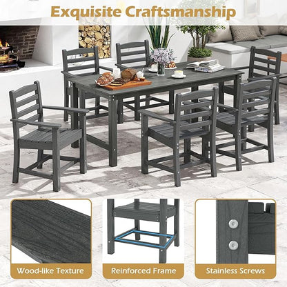 Tangkula 7 Pcs Outdoor Dining Table Set for 6, 67” HDPE Weather-Resistant Patio Rectangle Table & 6 Armchairs w/Curved Seat, Umbrella Hole, Wood Grain, Plastic Dining Furniture (Gray, 7 Pcs)