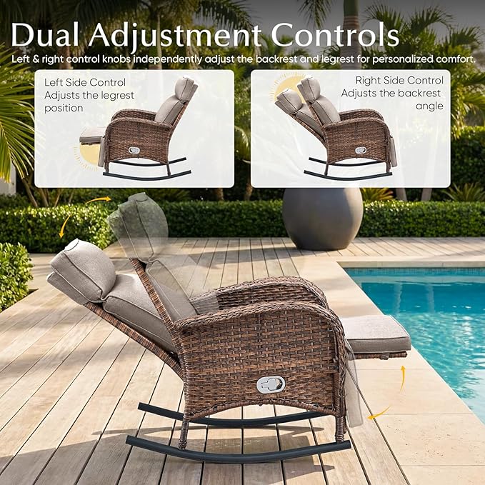 Belord 3 Piece Wicker Patio Furniture Set - Outdoor Swivel Rocker Recliner Chair with Adjustable Backrest & Footrest, All Weather Reclining Lounge Chair with Thick Cushion for Pool Deck Garden Beige