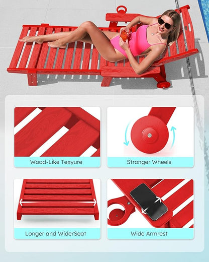 Chaise Lounge Chair Outdoor with Wheels, Oversize Patio Lounge Chairs with Wood Texture, 5-Position Plastic Lounge Chairs Set of 2-Red(Separate Delivery)