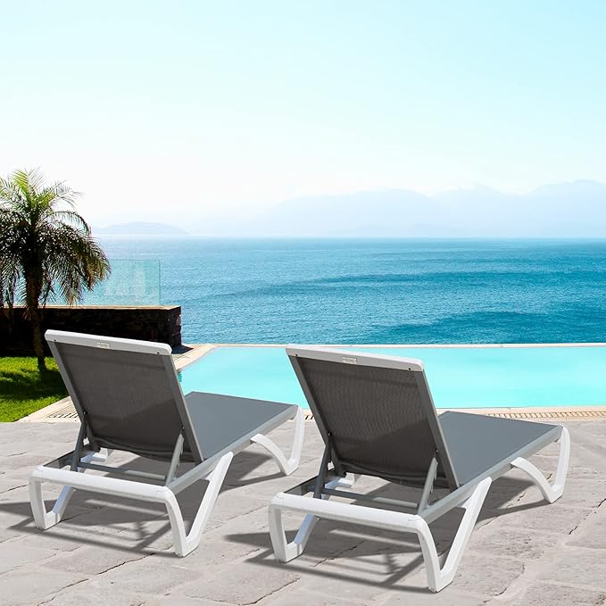 Domi Chaise Lounge Outdoor, Patio Lounge Chair with Aluminum Frame, All Weather Pool Lounge Chair for Deck Lawn Backyard, Gray Textilene