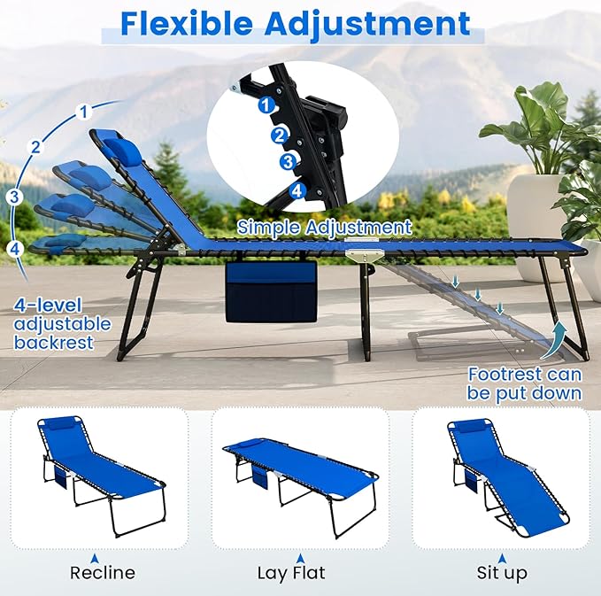 Goplus Extra Large Lounge Chair Outdoor, 27” Wide Folding 5-Position Tanning Chair with Detachable Pillow, Side Pocket, 16” High Chaise Lounger, Patio Lounge Chair for Yard Pool Yard