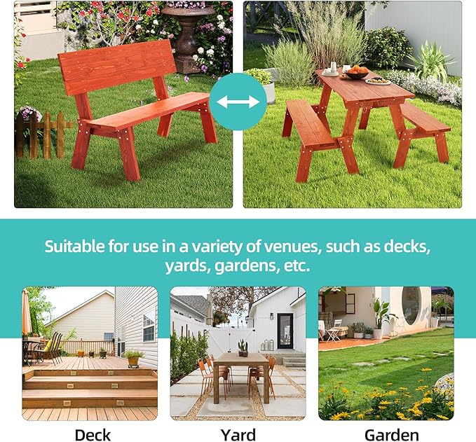AVAWING Outdoor Convertible Wood Bench with Backrest, Patio Wood Convert a Bench - Photo 6