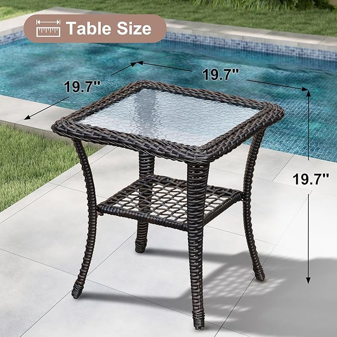 BABYLON Indoor Outdoor Coffee Table, All-Weather Wicker Tempered Glass Top Side Table, Indoor Outdoor Patio End Table with Storage Space, 20''x 20''x20''