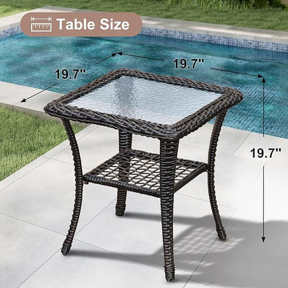 BABYLON Indoor Outdoor Coffee Table, All-Weather Wicker Tempered Glass Top Side Table, Indoor Outdoor Patio End Table with Storage Space, 20''x 20''x20''
