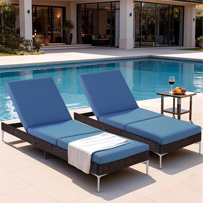 HOMREST Outdoor Chaise Lounge Chair Set of 2, Rattan Pool Sunbathing Recliner with Adjustable Backrest, Patio Wicker Lounge Chairs with Removable Cushion (Navy Blue)
