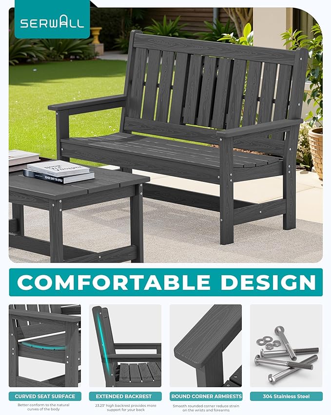 SERWALL Outdoor Bench with Cup Holder, 58" HDPE Garden Park Bench Suitable for 3 Person - Photo 5