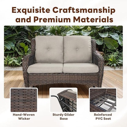 Belord 4 Piece Patio Wicker Furniture Set, Outdoor Swivel Rocker Chairs, All Weather Outdoor Patio Loveseat Set with Fire Pit Table for Deck Porch, Brown Wicker/Gray