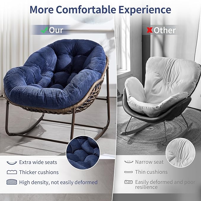 HOMEFUN Outdoor Patio Rocking Chairs, Oversized Papasan Rock Chair Indoor with Striped Velvet Padded Cushion - Rocker Egg Seat for Front Porch, Garden, Patio, Backyard Navy
