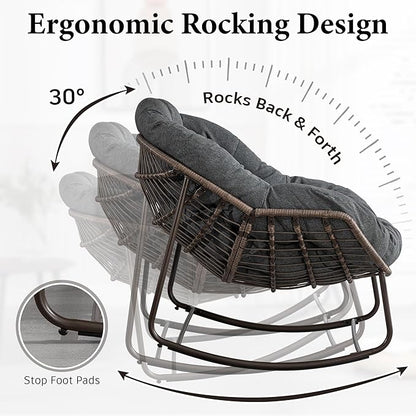 Large Indoor Outdoor Rocking Chair, Oversized Rocking Papasan Chair with Thick Cushion and Frame Outdoor Rocker, Comfy Wicker Egg Chairs Lounge for Outside Porch Patio Backyard (Dark Grey, Set of 2)