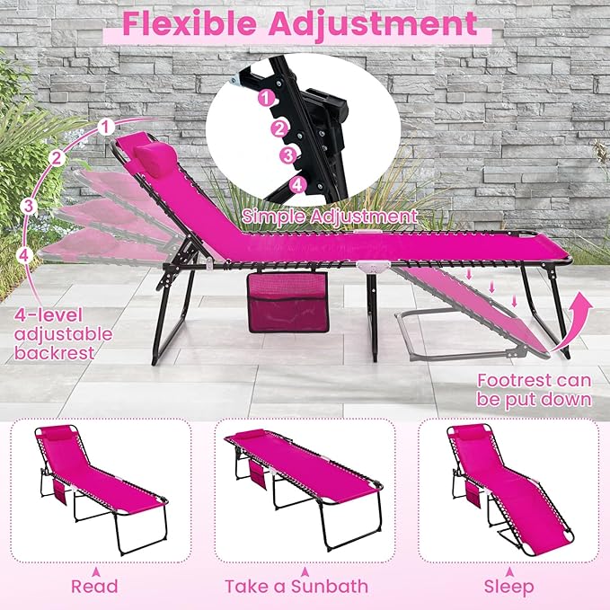 Goplus Folding Beach Lounge Chair w/Pillow for Patio Backyard Park Indoor and Outdoor - Photo 4