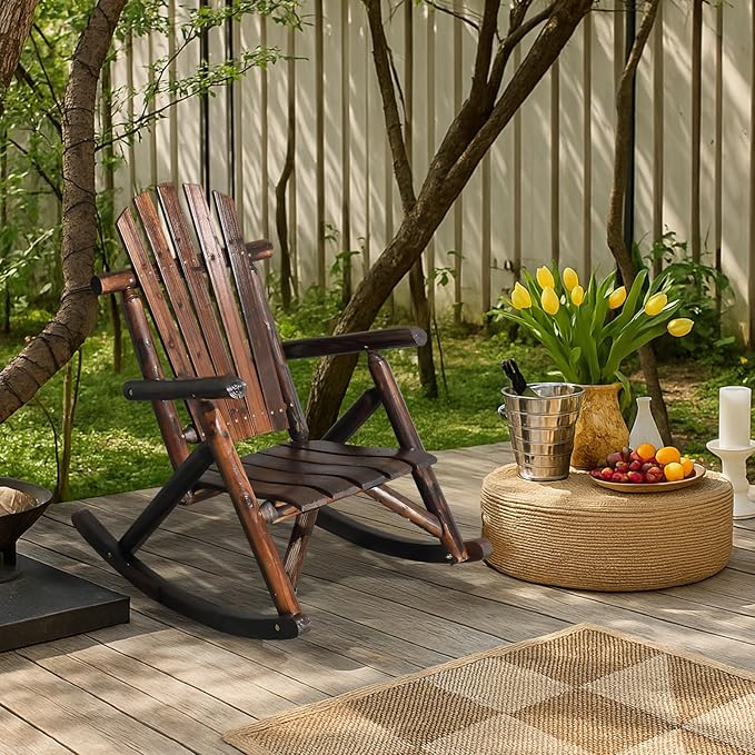 Outvita Wooden Rocking Chair, Fir Log Adirondack Rocker, Outdoor Wood Accent Furniture Lounge Chairs for Garden Patio Backyard Porch (Dark Brown)