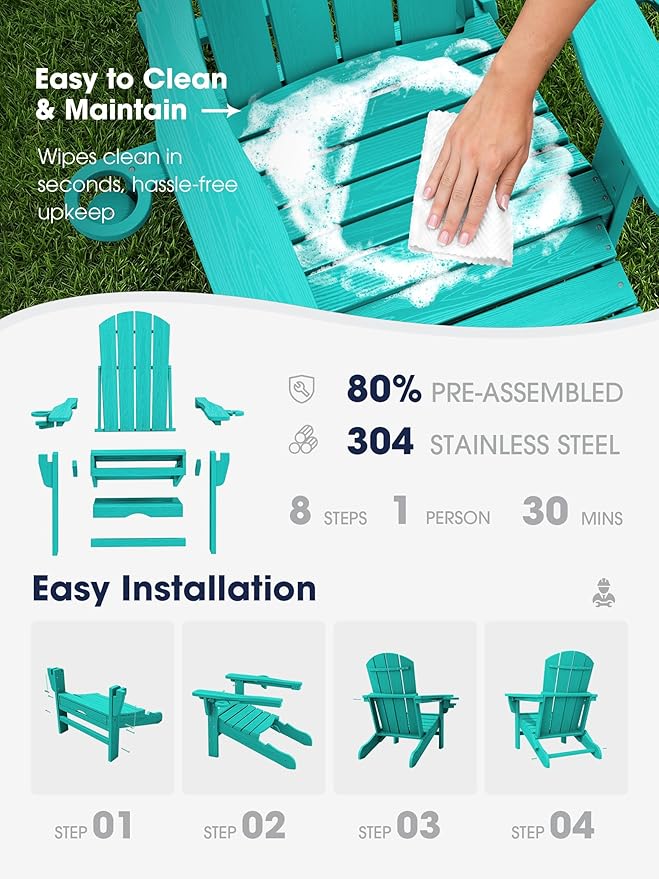 KINGYES Folding Adjustable Adirondack Chair with Ottoman & 2 Cup Holders, HDPE Adirondack Recliner Chair with Footrest, Aruba