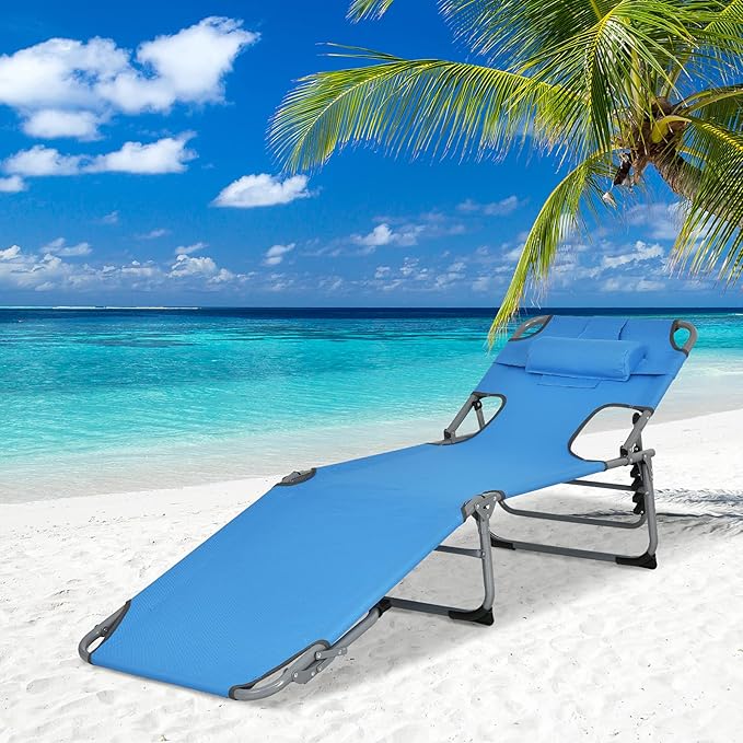 GYMAX Tanning Chair, Folding Beach Lounger with Face Arm Hole, Adjustable Backrest, Side Pocket, Pillow & Carry Handle, Outside Sunbathing Lounge Chair for Patio, Poolside, Lawn (1, Navy)