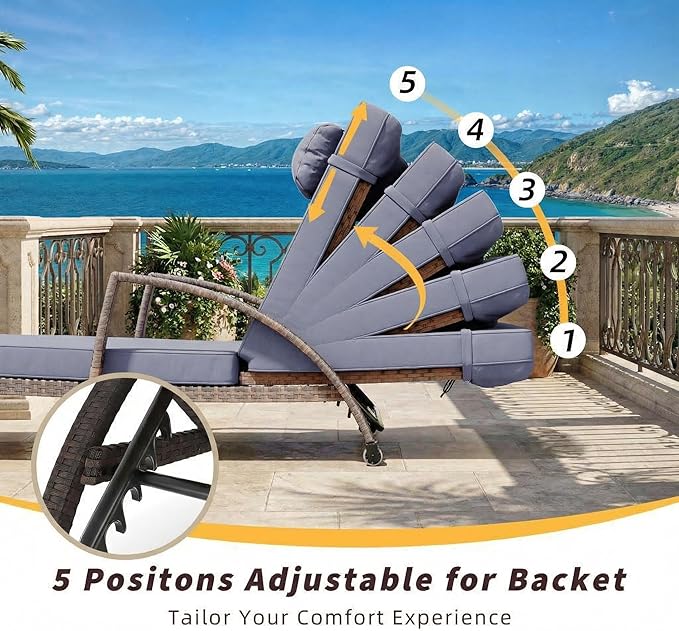 GarveeHome Outdoor Chaise Lounge Set of 2, Weather-Resistant PE Rattan Recliners with 5 Adjustable Positions, Wheels, Armrests, Cushions & Pillows, Collapsible for Poolside, Deck, Blue Cushion