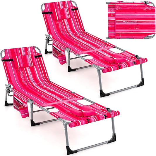 GYMAX Tanning Chair, 330LBS Beach Lounge Chair w/Face Arm Hole & Shoulder Strap, Folding Layout Sunbath Chair, Face Down Outdoor Chaise Lounger for Patio, Poolside, Lawn, Backyard (2, Pink Stripe)