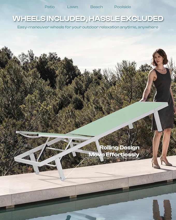 Lounge Chair Outdoor with Wheels, Aluminum Patio Chaise Lounge Chair with 5 Adjustable Backrest - Easy to Move- Pool Lounge Chairs for Deck, Beach, Poolside (LightGreen)