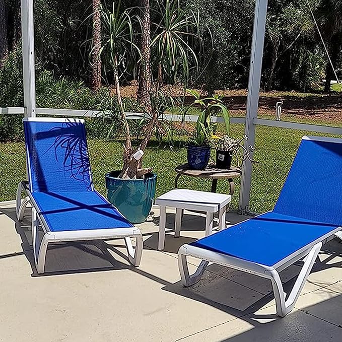 Domi Patio Chaise Lounge Chair Set of 3,Outdoor Aluminum Polypropylene Sunbathing Chair with Adjustable Backrest,Arm,Side Table,for Beach,Yard,Balcony,Poolside(2 Blue Chairs + 1 Side Table)