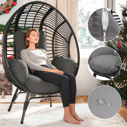 Oversized Wicker Egg Chair, Outdoor Indoor Rattan Patio Egg Lounge Chairs with Cushion 500lbs Capacity for Living Room, Balcony, Backyard(Black)