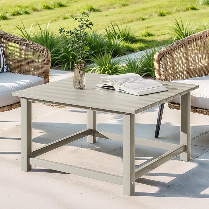 Costaelm Patio Conversation Table, Tatio Accent HDPE Outdoor Weather Resistant, Square Outdoor Porch Balcony Patio Drink Table for Outside, Pool, Backyard, Sand