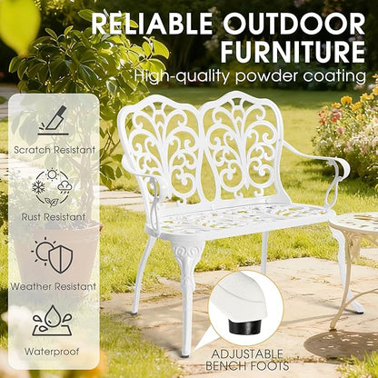 Outdoor Bench, Cast Aluminum Double Seating with Backrest and Armrests, Mental Outdoor Furniture for Patio, Porch, Garden, Park, White Butterfly