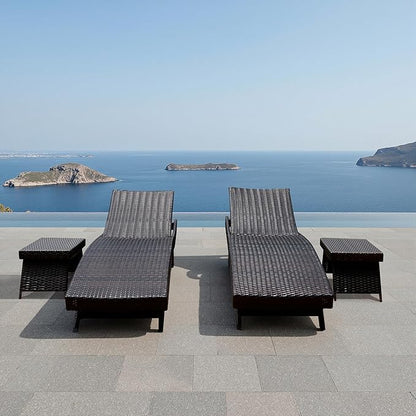 PE Rattan Foldable Backrest Chaise Lounge Set of 2 Chairs + 2 Tables, Outdoor Pool Folding Recliners and Coffee Tables, Adjustable Patio Chairs Lounge and Side Tables for Beach Sunbathing