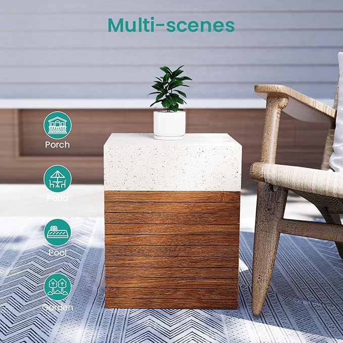 SUNBURY Outdoor Concrete Side Table, 15" W Modern Outdside End Table for Patio,Multicolored Stone Patchwork Indoor Accent Table, Square Cement Side Table Garden Stool in Woodgrain for Lawn, Backyard