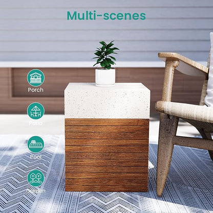 SUNBURY Outdoor Concrete Side Table, 15" W Modern Outdside End Table for Patio,Multicolored Stone Patchwork Indoor Accent Table, Square Cement Side Table Garden Stool in Woodgrain for Lawn, Backyard